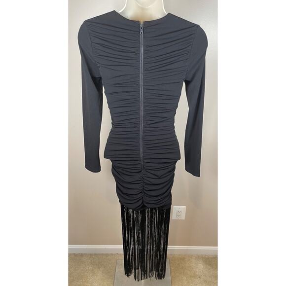 Alice + Olivia Katherina Long Sleeve Ruched Fringe Black Midi Dress Size 0 - Picture 8 of 10